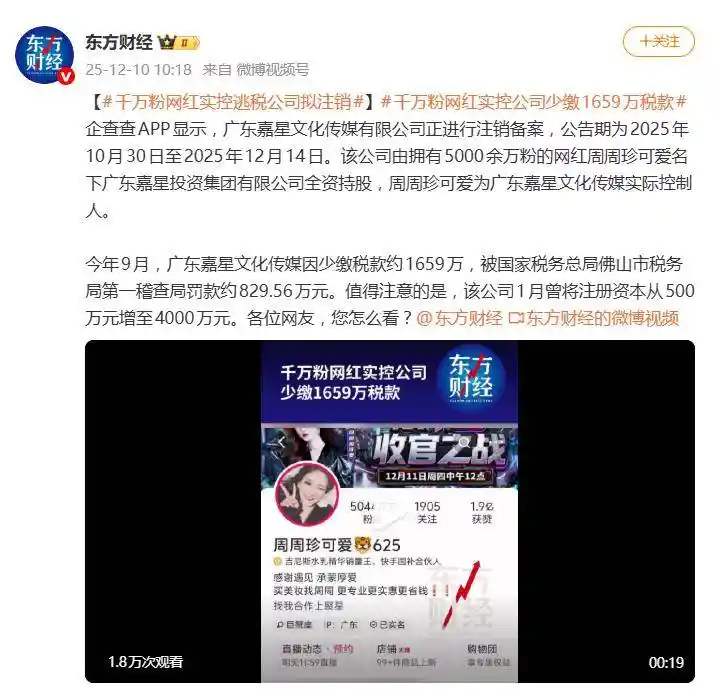 5000万网红涉税风波:偷逃1659万被罚829万,公司竟在注销中